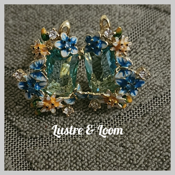 Blue and Gold Floral Earrings - Picture 7 of 9